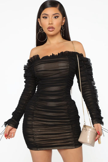 Sincerely Yours Ruched Mini Dress - Black/Combo Medium (New)
